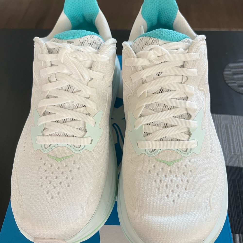 Hoka Clifton10 Woman’s White and Teal Athletic Shoes